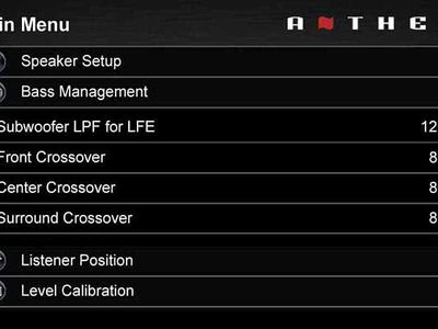 Example of home theater speaker setup menu spotlighting bass management