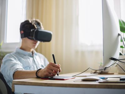 A student at a desk at home using VR to attend a school class.