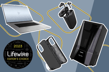 Various tech gifts as chosen by Lifewire editors, including Razer Blade 18, BodyGuardz iPhone 14 heat case, Urbanista Phoenix earbuds, and Elegoo Saturn 3 Ultra